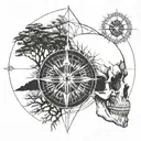skull, compass and trees  tattoo design idea