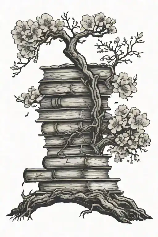 cherry blossom tree growing out of top of a tall teetering stack of books with roots growing down and open book  tattoo design idea