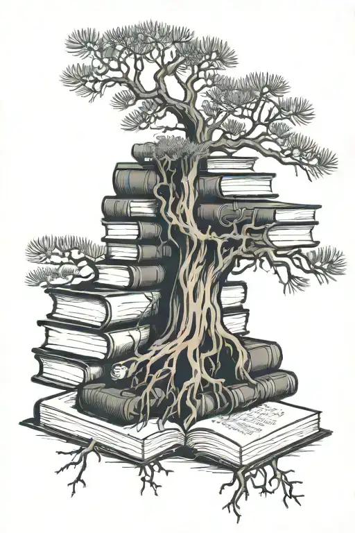 pine  tree growing on top of a tall teetering stack of books with roots growing down and open book  tattoo design idea