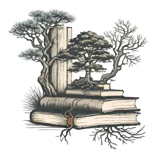 pine  tree growing on top of a tall skinny stack of books with roots growing down and open book  tattoo design idea