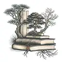 pine  tree growing on top of a tall skinny stack of books with roots growing down and open book  tattoo design idea