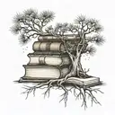 pine  tree growing on top of a tall skinny stack of books with roots growing down and open book  tattoo design idea