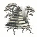 pine  tree growing on top of a tall skinny stack of books with roots growing down and open book  tattoo design idea