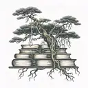 pine  tree growing on top of a tall skinny stack of books with roots growing down and open book  tattoo design idea