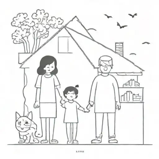 Child art tattoo, like home with a cat and family portrait tattoo design idea