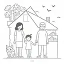 Child art tattoo, like home with a cat and family portrait tattoo design idea