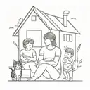 Child art tattoo, like home with a cat and family portrait tattoo design idea