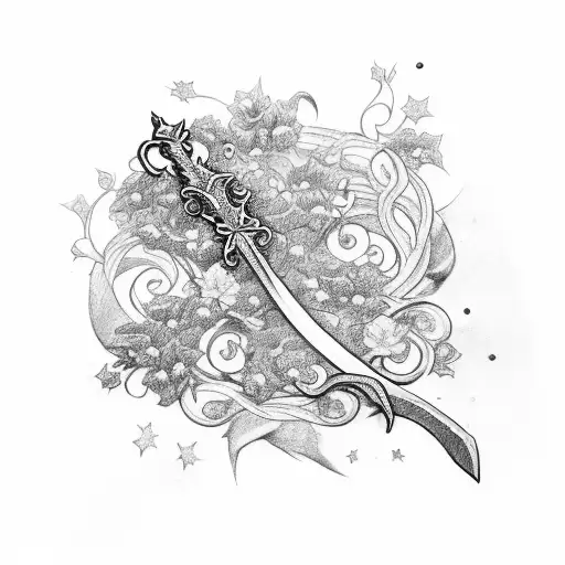 A black and grey sketch of a sword wrapped in a vine of flowers, with stars scattered in the background tattoo design idea