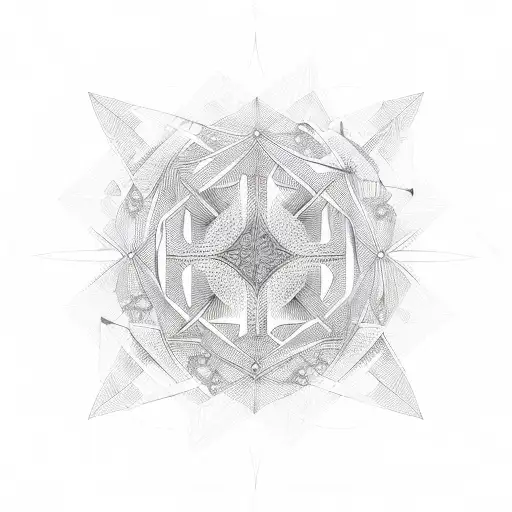 An abstract geometric design featuring intersecting swords and floral motifs inspired by architectural elements tattoo design idea