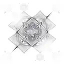 An abstract geometric design featuring intersecting swords and floral motifs inspired by architectural elements tattoo design idea