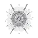 An abstract geometric design featuring intersecting swords and floral motifs inspired by architectural elements tattoo design idea