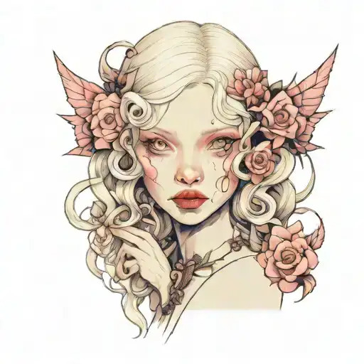 albino girl with pink eyes in pastel clothes tattoo design idea
