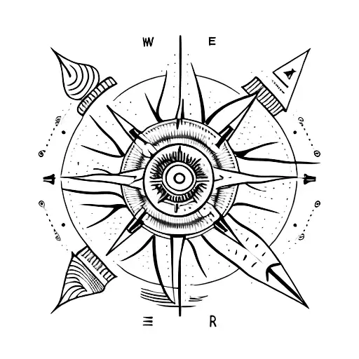 plane, palm tree, sun, waves, compass, backpack, trave, long arm tattoo tattoo design idea