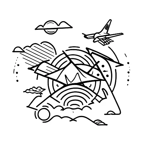 plane, palm tree, sun, waves, arrow, backpack, travel tattoo design idea