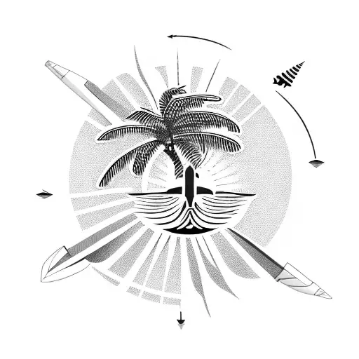 plane, palm tree, sun, waves, arrow, backpack, travel tattoo design idea