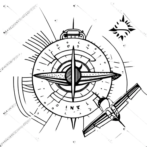plane, palm tree, sun, waves, compass, backpack, travel tattoo design idea