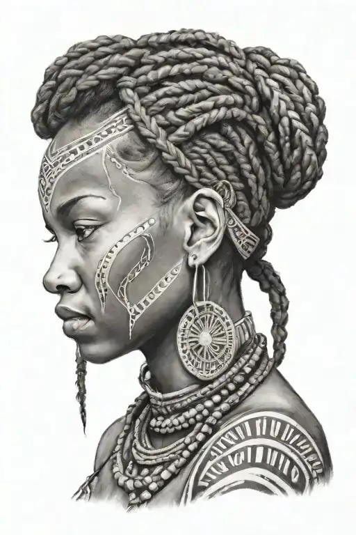 African girl side profile with braids and tribal face paint tattoo design idea