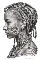 African girl side profile with braids and tribal face paint tattoo design idea
