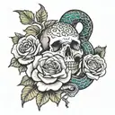 a rose, snake, and skull tattoo design idea