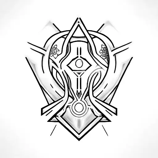 warframe logo, heart in center of logo, glowing off skin, neon pink color, womb tattoo tattoo design idea