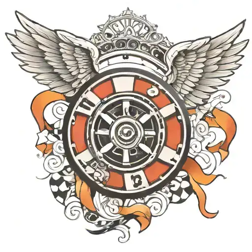 wheel with wings number and race flags tattoo design idea