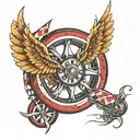 wheel with wings and race flags tattoo design idea