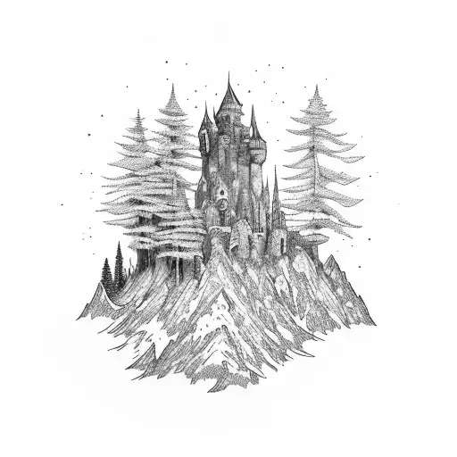 Combine elements of castle ruins, dark forest, and mountains into a unique landscape tattoo design tattoo design idea