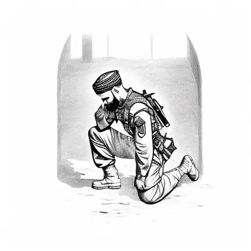 A silhouette of a soldier kneeling in prayer, representing faith and dedication to Syria tattoo design idea
