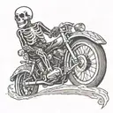 Darren Mckeag style tattoo featuring a Skeleton rideing motorcycle. tattoo design idea