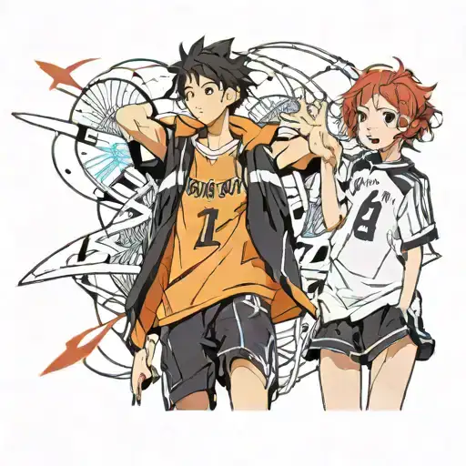 black curly hair boy next to short red haired girl haikyu tattoo design idea