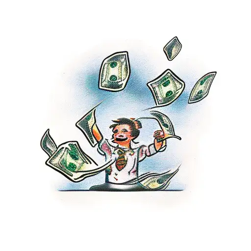 A stack of money raining down on a family gathering tattoo design idea
