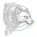 A sketch style tattoo of a mystical cat creature with elements of Japanese mythology, such as a kitsune or nekomata, under a crescent moon tattoo design idea