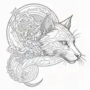A sketch style tattoo of a mystical cat creature with elements of Japanese mythology, such as a kitsune or nekomata, under a crescent moon tattoo design idea