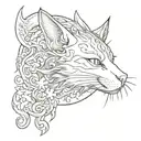 A sketch style tattoo of a mystical cat creature with elements of Japanese mythology, such as a kitsune or nekomata, under a crescent moon tattoo design idea