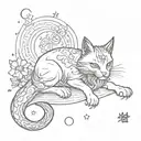 A sketch style tattoo of a mystical cat creature with elements of Japanese mythology, such as a kitsune or nekomata, under a crescent moon tattoo design idea