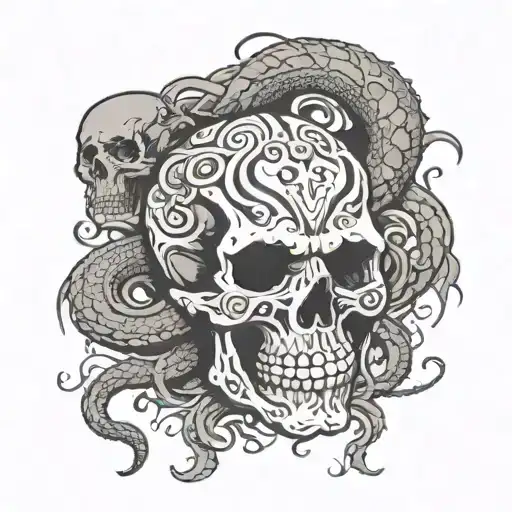 Gothic skull, with snakes coming out of it and wrapping around the neck. tattoo design idea