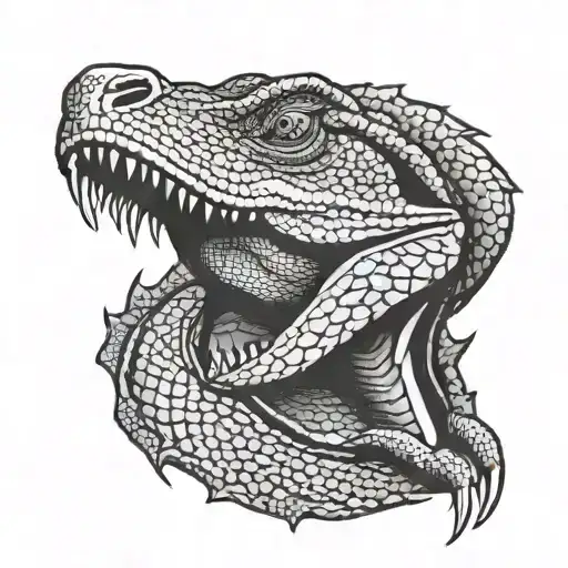 A large, black and white tattoo design of an angry Komodo dragon head viewed from the front. The dragon has sharp, inten tattoo design idea