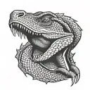 A large, black and white tattoo design of an angry Komodo dragon head viewed from the front. The dragon has sharp, inten tattoo design idea