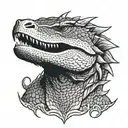A large, black and white tattoo design of an angry Komodo dragon head viewed from the front. The dragon has sharp, inten tattoo design idea