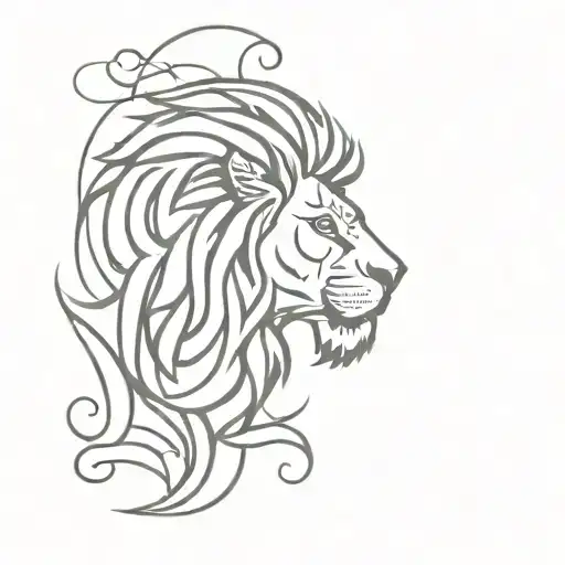 Lion with fiery mane, water waves, sun, tusks; symbolizes strength, love. tattoo design idea