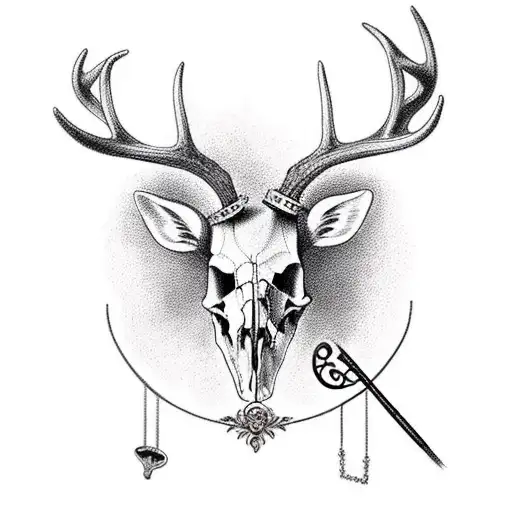 deer skull with a lyre between its antlers and ivy around it  tattoo design idea