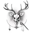 deer skull with a lyre between its antlers and ivy around it  tattoo design idea