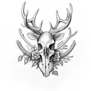 deer skull with a lyre between its antlers and ivy around it  tattoo design idea