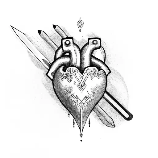 heart with sword black ink tattoo design idea