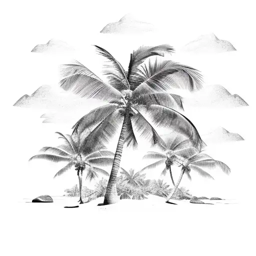 A beach scene with palm trees and waves, with a hidden software code integrated into the design tattoo design idea