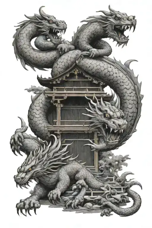A majestic dragon and tiger standing guard at the entrance of a Japanese temple, symbolizing strength and honor tattoo design idea