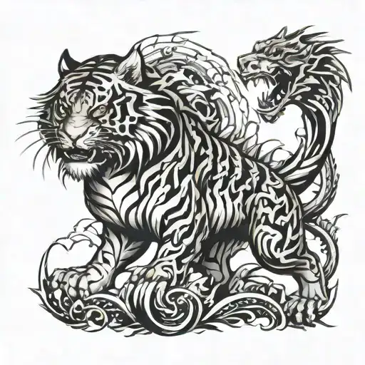 A fierce tiger and dragon locked in battle, symbolizing strength and power tattoo design idea
