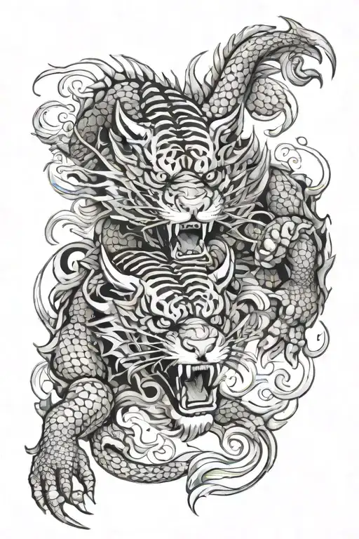 A fierce dragon and tiger locked in a battle of honor in a traditional Japanese setting tattoo design idea