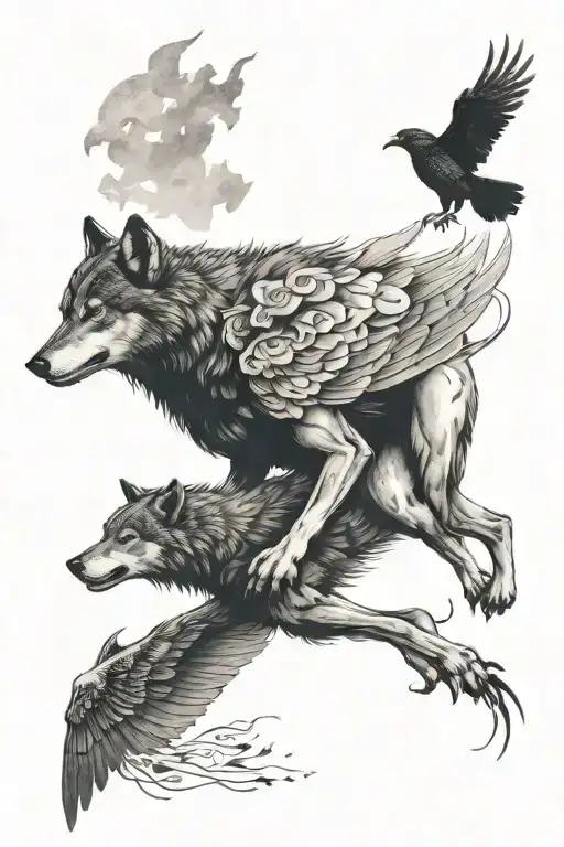 style of inez janiak of a wolf and a crow flying above it tattoo design idea