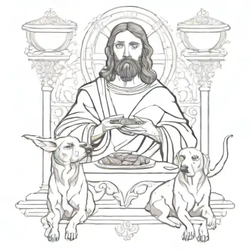 An intricate blackwork design of Jesus breaking bread with the client's dogs by his side, symbolizing communion and companionship tattoo design idea
